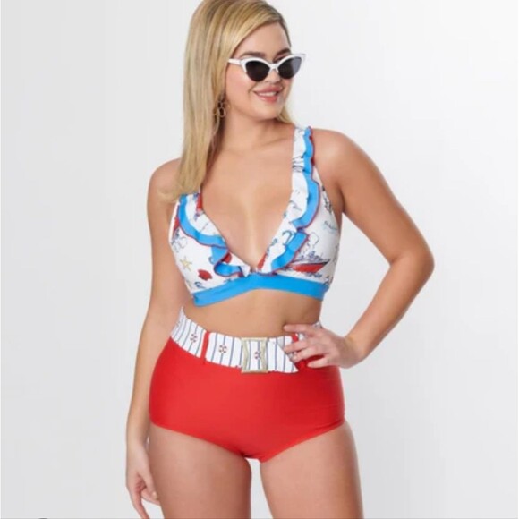 Bundle! Unique Vintage White & Blue Red Nautical Print Ruffle Swim Bikini 2X - Picture 8 of 8